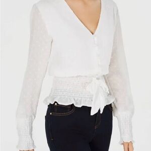 White Tie Front Smocked Blouse